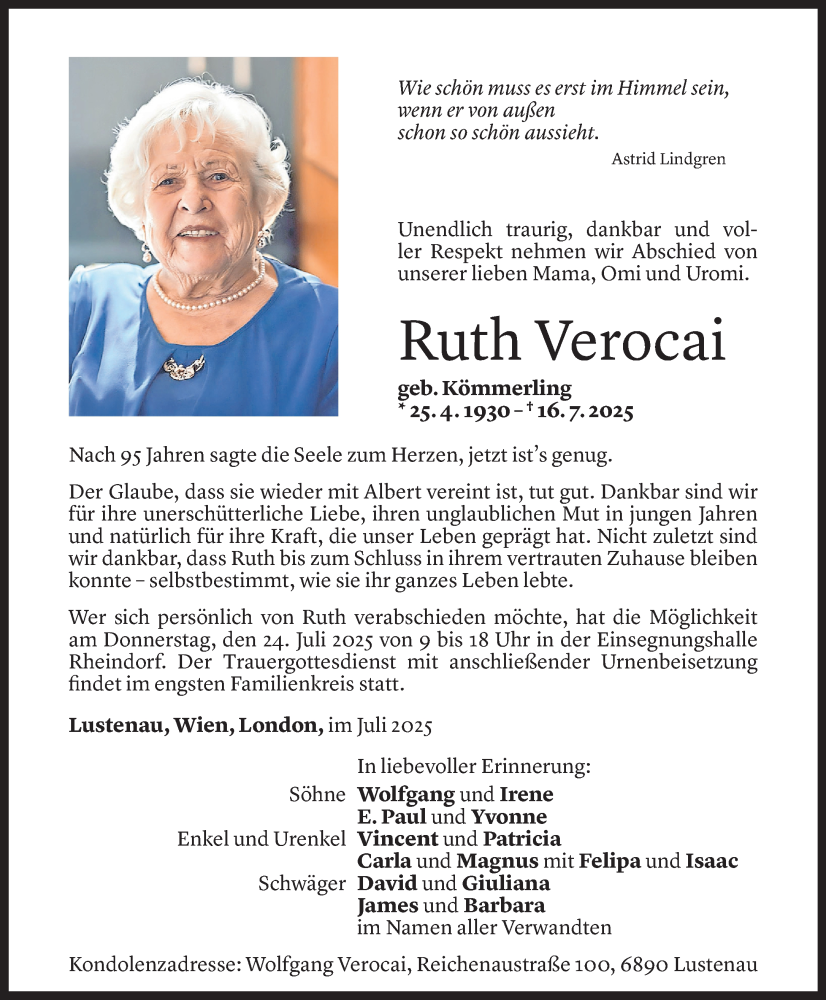  Todesanzeige für Ruth Verocai vom 21.07.2025 aus Vorarlberger Nachrichten