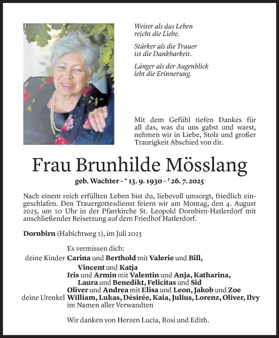 Todesanzeige von Brunhilde Mösslang von Vorarlberger Nachrichten