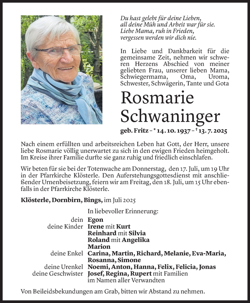  Todesanzeige für Rosmarie Schwaninger vom 16.07.2025 aus Vorarlberger Nachrichten