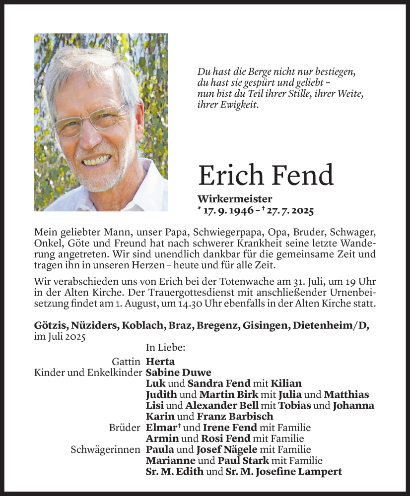  Todesanzeige für Erich Fend vom 28.07.2025 aus Vorarlberger Nachrichten