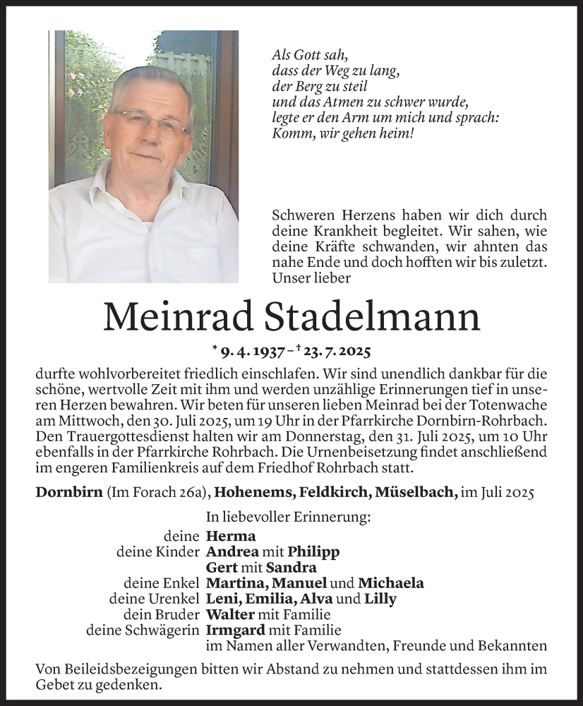  Todesanzeige für Meinrad Stadelmann vom 25.07.2025 aus Vorarlberger Nachrichten