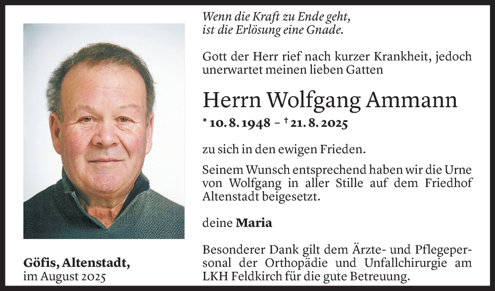  Todesanzeige für Wolfgang Ammann vom 28.08.2025 aus Vorarlberger Nachrichten