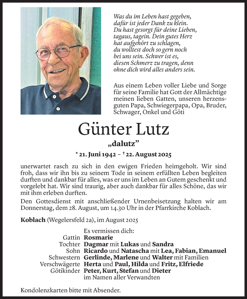  Todesanzeige für Günter Lutz vom 25.08.2025 aus Vorarlberger Nachrichten