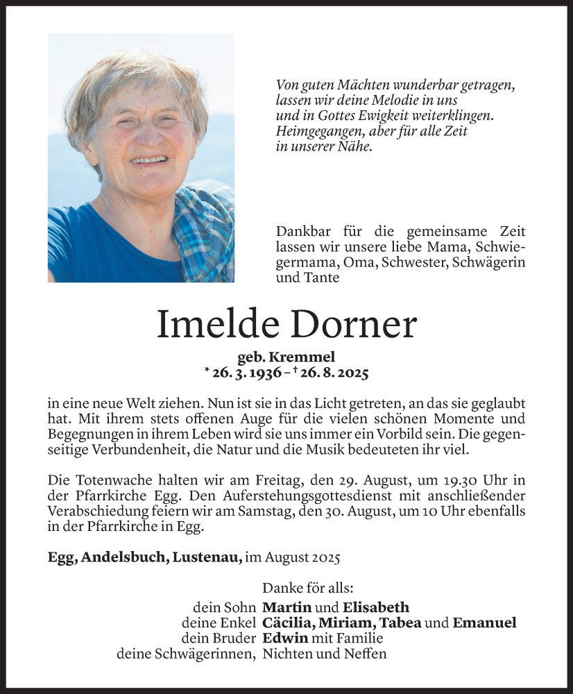  Todesanzeige für Imelde Dorner vom 27.08.2025 aus Vorarlberger Nachrichten