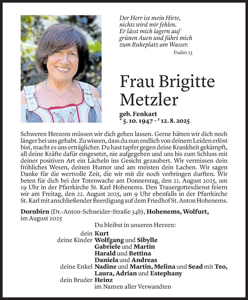  Todesanzeige für Brigitte Metzler vom 16.08.2025 aus Vorarlberger nachrichten
