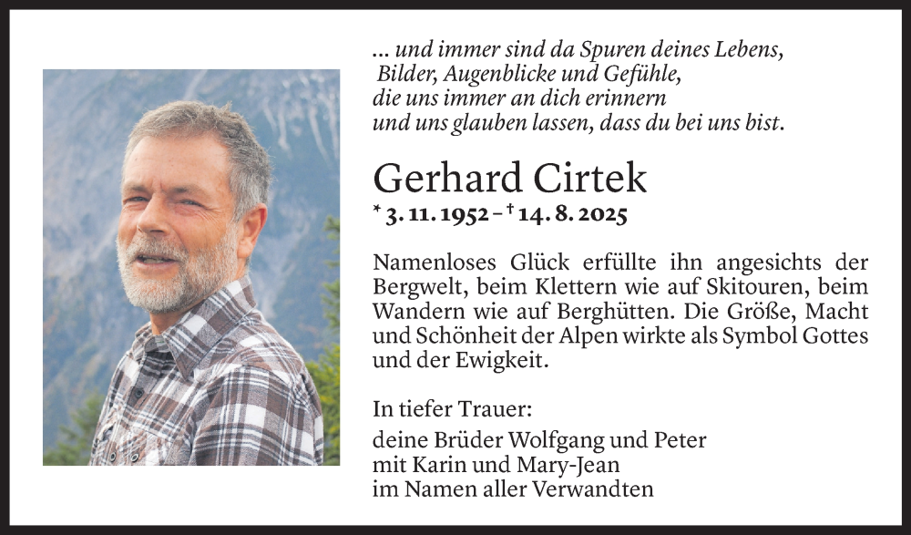  Todesanzeige für Gerhard Cirtek vom 30.08.2025 aus Vorarlberger Nachrichten