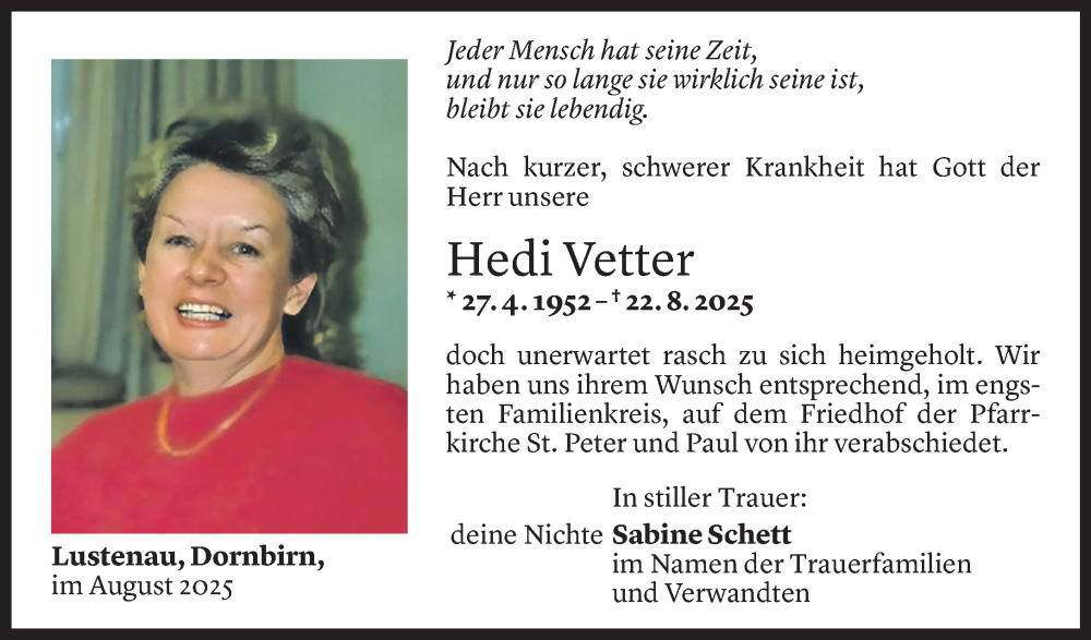  Todesanzeige für Hedi Vetter vom 29.08.2025 aus Vorarlberger Nachrichten