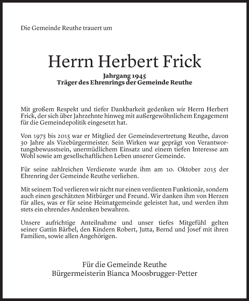  Todesanzeige für Herbert Frick vom 18.08.2025 aus Vorarlberger Nachrichten