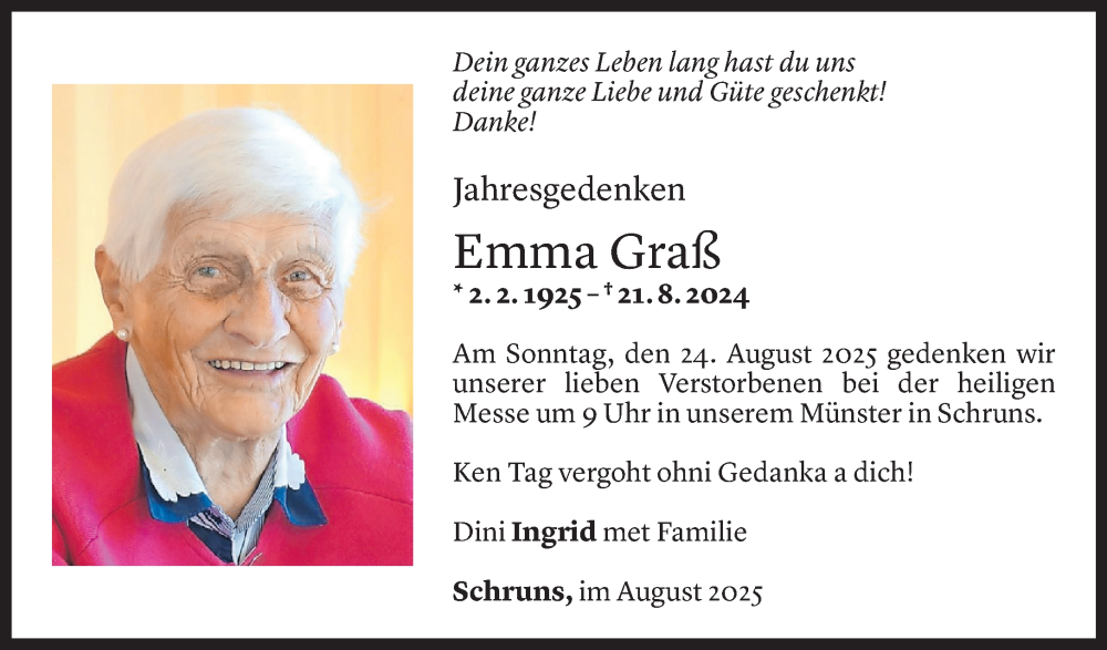  Todesanzeige für Emma Graß vom 12.08.2025 aus Vorarlberger Nachrichten