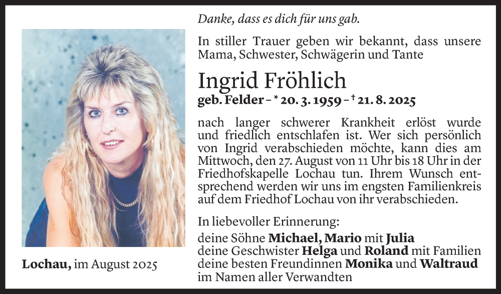  Todesanzeige für Ingrid Fröhlich vom 25.08.2025 aus Vorarlberger Nachrichten
