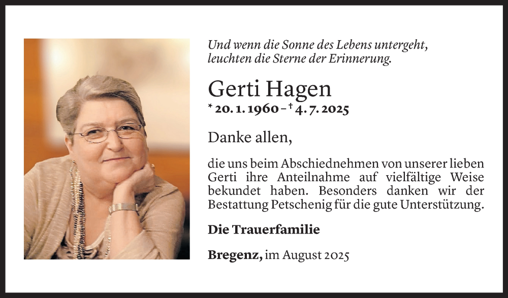  Todesanzeige für Gerti Hagen vom 05.08.2025 aus Vorarlberger Nachrichten