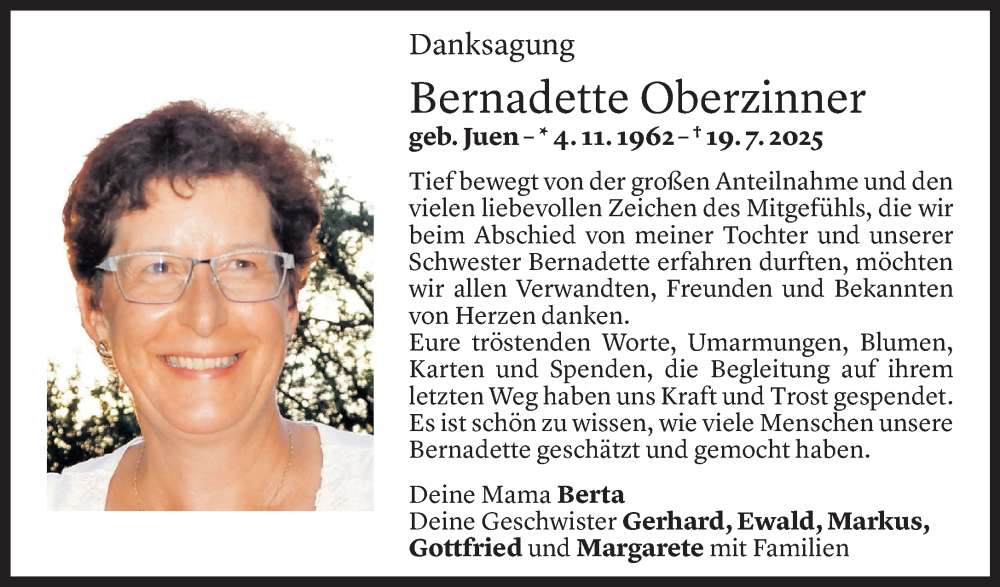  Todesanzeige für Bernadette Oberzinner vom 23.08.2025 aus Vorarlberger Nachrichten