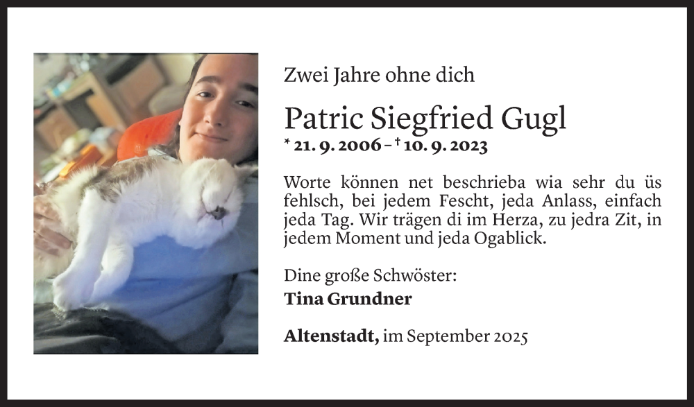  Todesanzeige für Patric Gugl vom 10.09.2025 aus Vorarlberger Nachrichten