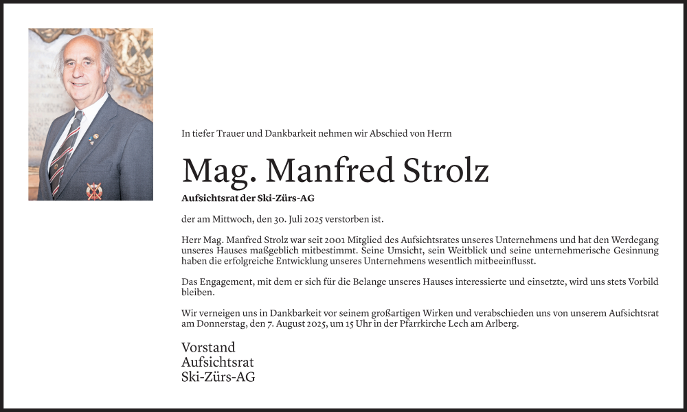  Todesanzeige für Manfred Strolz vom 02.08.2025 aus Vorarlberger Nachrichten