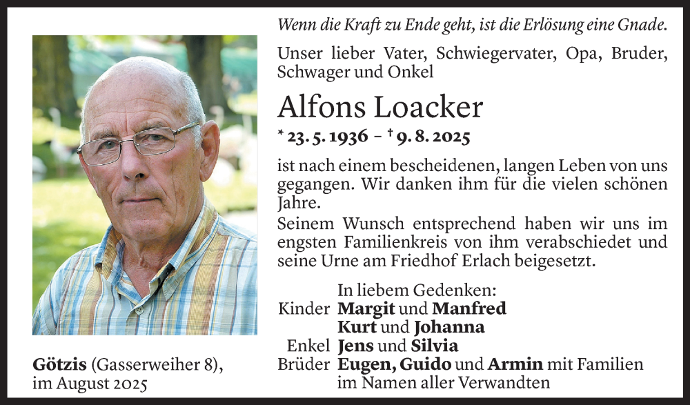  Todesanzeige für Alfons Loacker vom 16.08.2025 aus VN