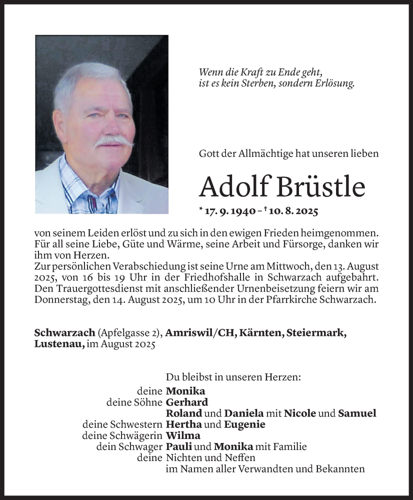  Todesanzeige für Adolf Brüstle vom 11.08.2025 aus Vorarlberger Nachrichten