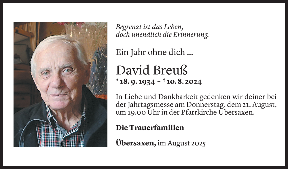  Todesanzeige für David Breuß vom 18.08.2025 aus Vorarlberger Nachrichten
