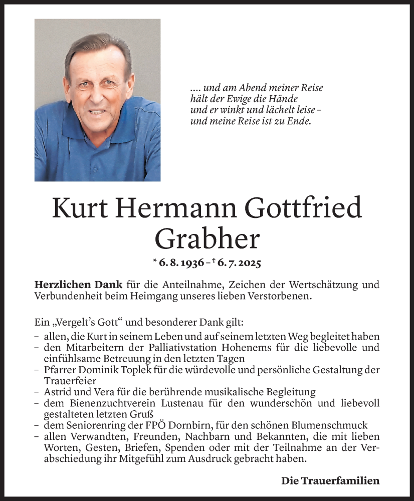  Todesanzeige für Kurt Grabher vom 22.08.2025 aus Vorarlberger Nachrichten