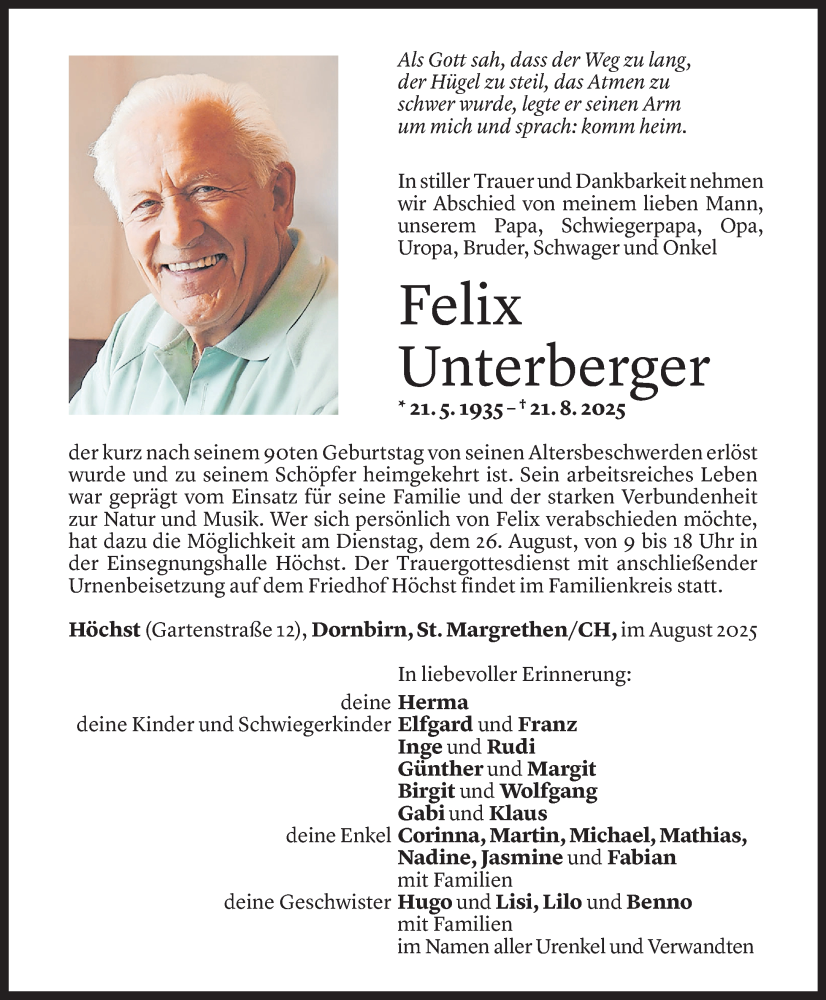  Todesanzeige für Felix Unterberger vom 22.08.2025 aus Vorarlberger Nachrichten