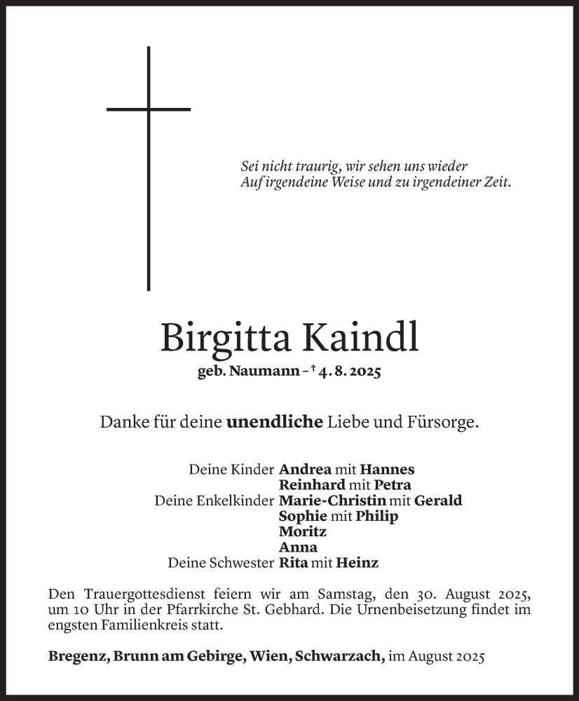  Todesanzeige für Birgitta Kaindl vom 23.08.2025 aus Vorarlberger Nachrichten