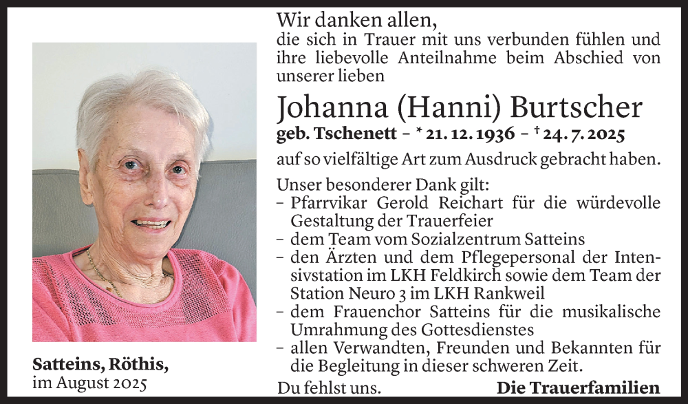  Todesanzeige für Johanna Burtscher vom 27.08.2025 aus Vorarlberger Nachrichten