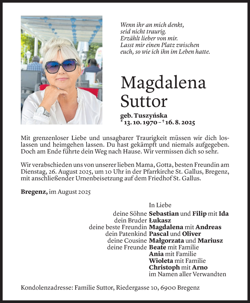  Todesanzeige für Magdalena Suttor vom 21.08.2025 aus Vorarlberger Nachrichten