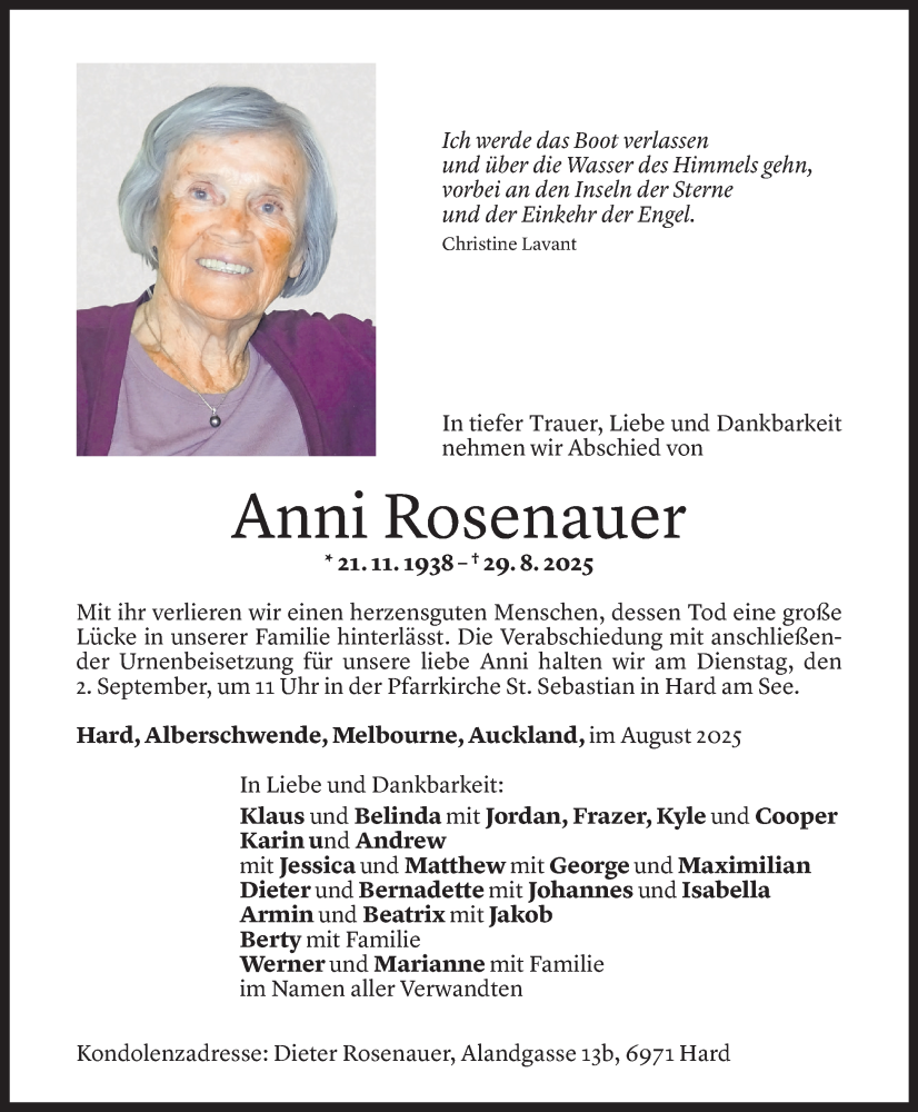  Todesanzeige für Anni Rosenauer vom 31.08.2025 aus Vorarlberger Nachrichten