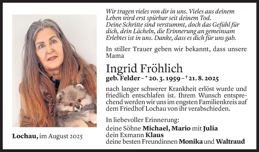  Todesanzeige für Ingrid Fröhlich vom 23.08.2025 aus Vorarlberger Nachrichten