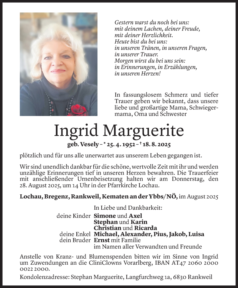  Todesanzeige für Ingrid Marguerite vom 24.08.2025 aus Vorarlberger Nachrichten