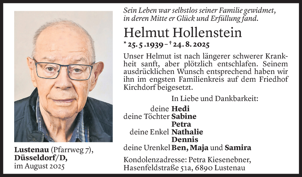  Todesanzeige für Helmut Hollenstein vom 03.09.2025 aus Vorarlberger Nachrichten