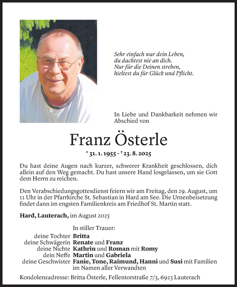  Todesanzeige für Franz Österle vom 26.08.2025 aus Vorarlberger Nachrichten