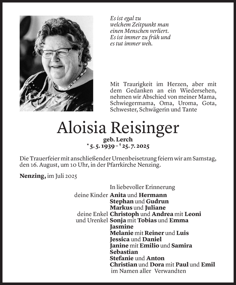  Todesanzeige für Aloisia Reisinger vom 06.08.2025 aus Vorarlberger Nachrichten