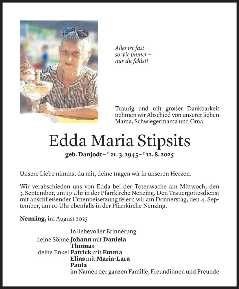  Todesanzeige für Edda Maria Stipsits vom 29.08.2025 aus Vorarlberger Nachrichten