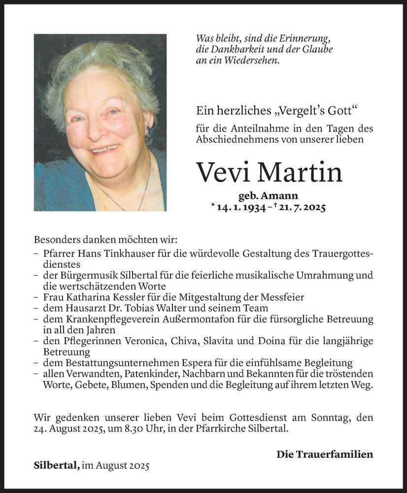  Todesanzeige für Genofeva Martin vom 20.08.2025 aus Vorarlberger Nachrichten