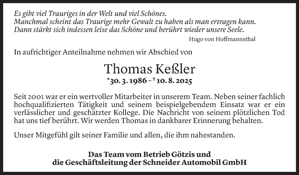  Todesanzeige für Thomas Keßler vom 25.08.2025 aus Vorarlberger Nachrichten