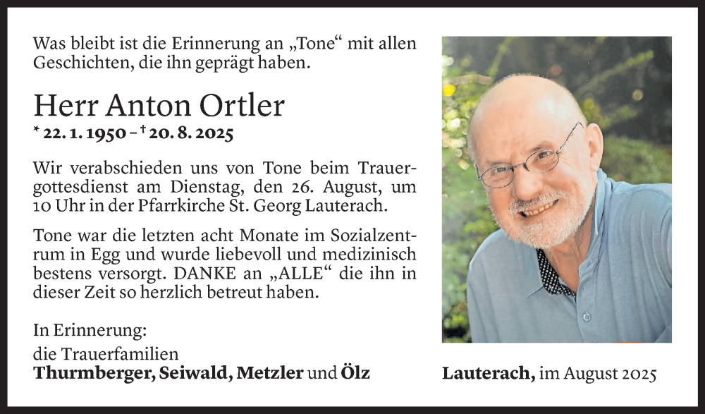  Todesanzeige für Anton Ortler vom 22.08.2025 aus Vorarlberger Nachrichten