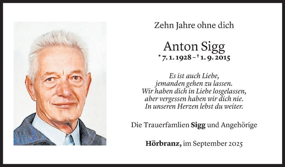  Todesanzeige für Anton Sigg vom 01.09.2025 aus Vorarlberger Nachrichten