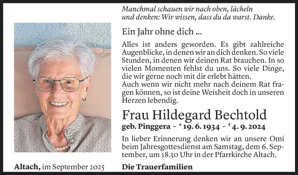  Todesanzeige für Hildegard Bechtold vom 03.09.2025 aus Vorarlberger Nachrichten