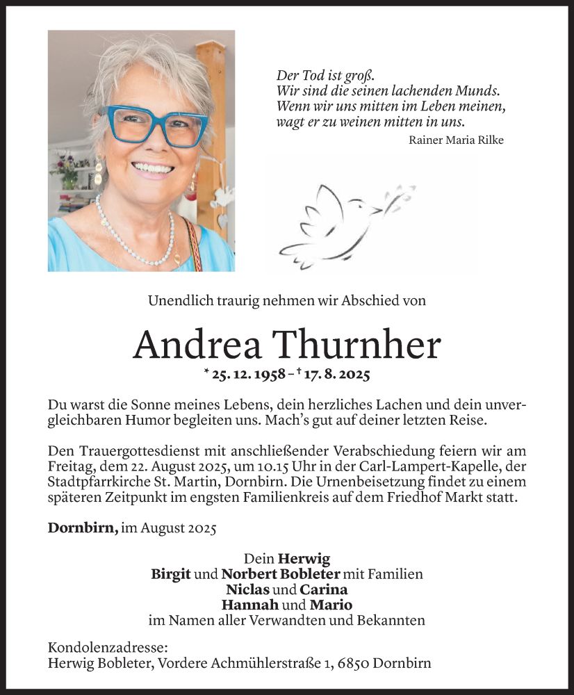  Todesanzeige für Andrea Marie Thurnher vom 19.08.2025 aus Vorarlberger Nachrichten