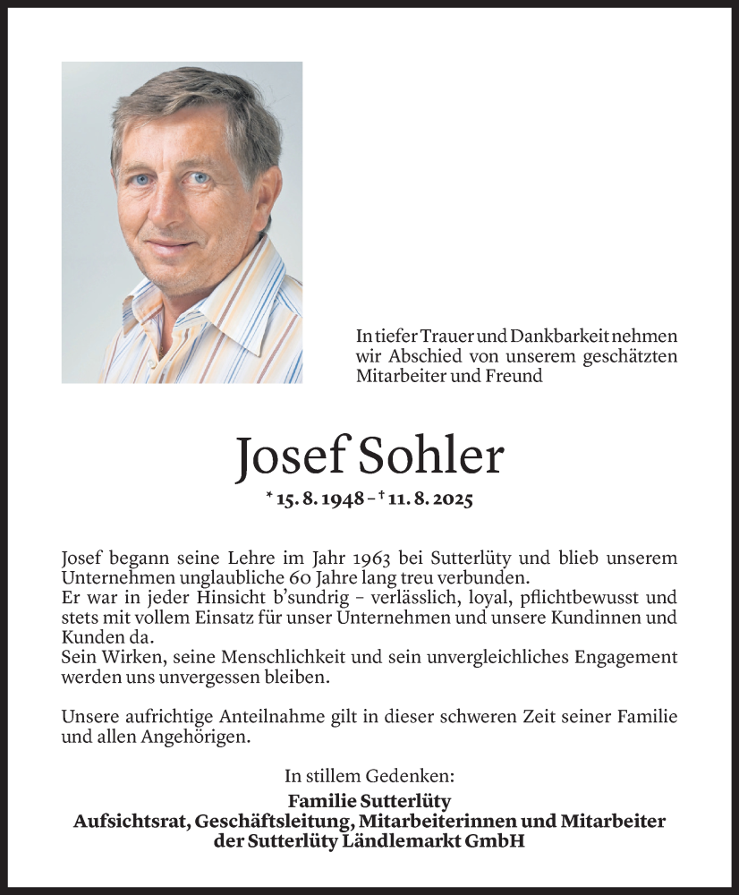  Todesanzeige für Josef Sohler vom 11.08.2025 aus Vorarlberger Nachrichten