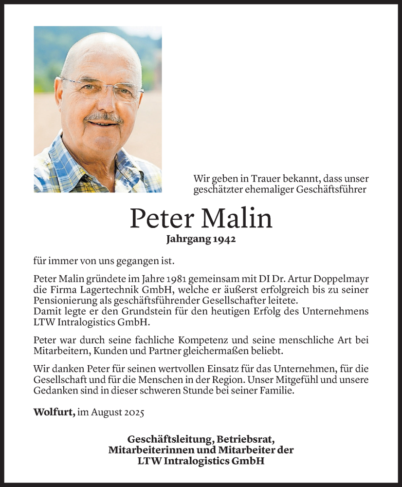  Todesanzeige für Peter Malin vom 20.08.2025 aus Vorarlberger Nachrichten