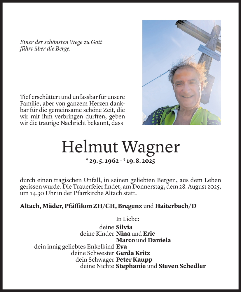  Todesanzeige für Helmut Wagner vom 25.08.2025 aus Vorarlberger Nachrichten