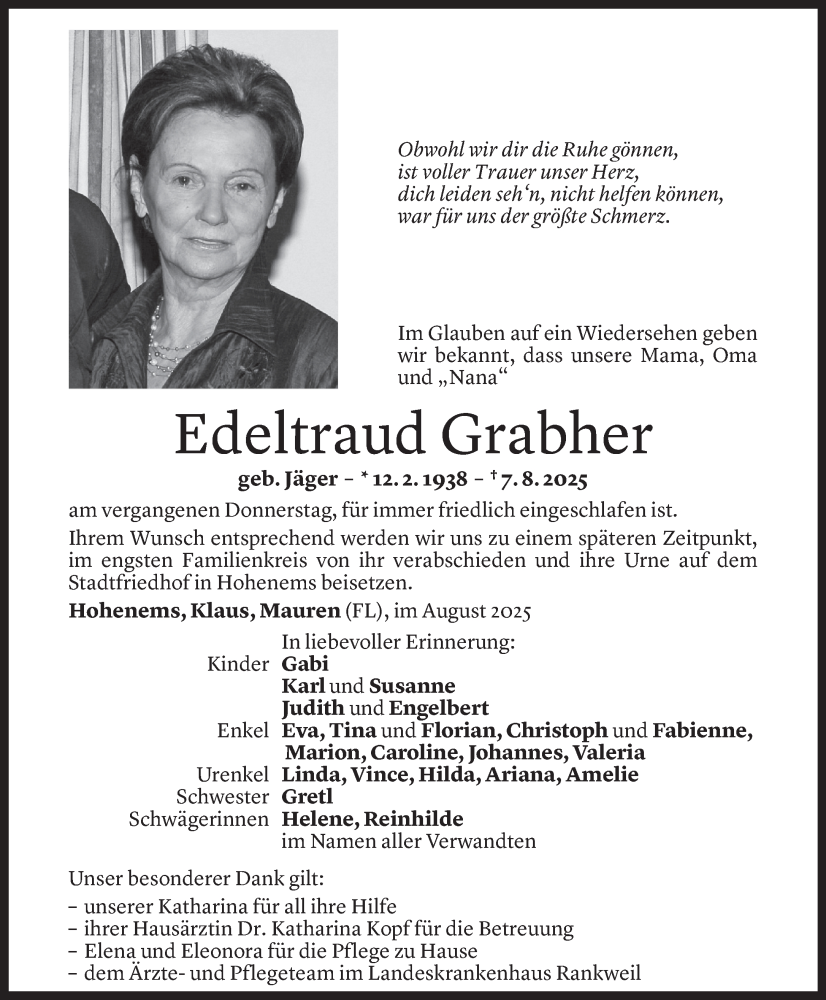  Todesanzeige für Edeltraud Grabher vom 13.08.2025 aus Vorarlberger Nachrichten