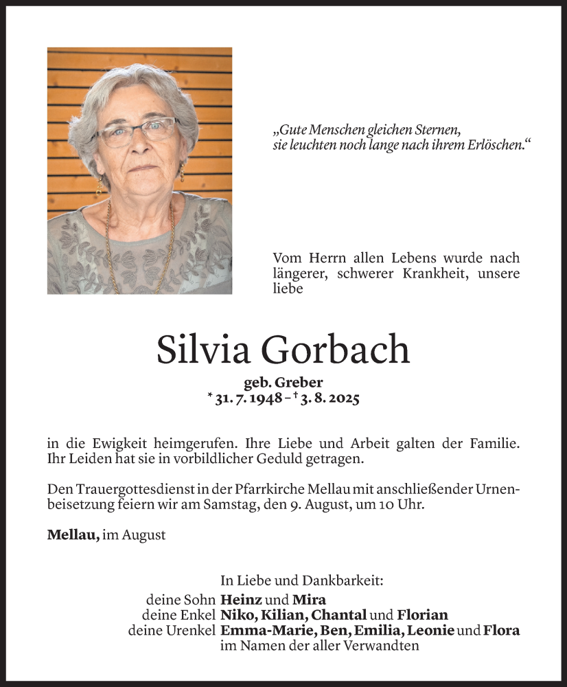  Todesanzeige für Sylvia Gorbach vom 05.08.2025 aus Vorarlberger Nachrichten