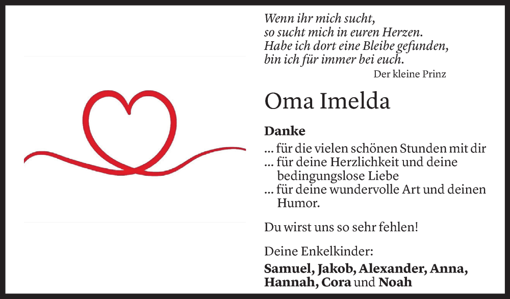  Todesanzeige für Imelda Metzler vom 24.08.2025 aus Vorarlberger Nachrichten