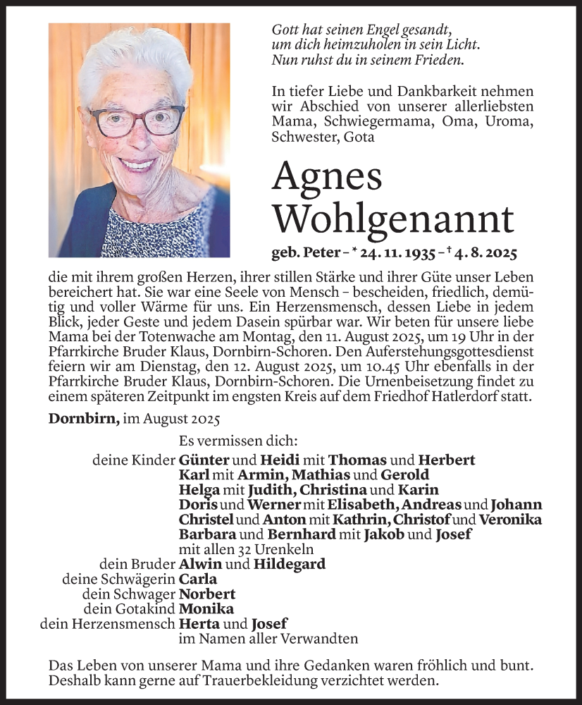 Todesanzeige für Agnes Wohlgenannt vom 08.08.2025 aus Vorarlberger Nachrichten