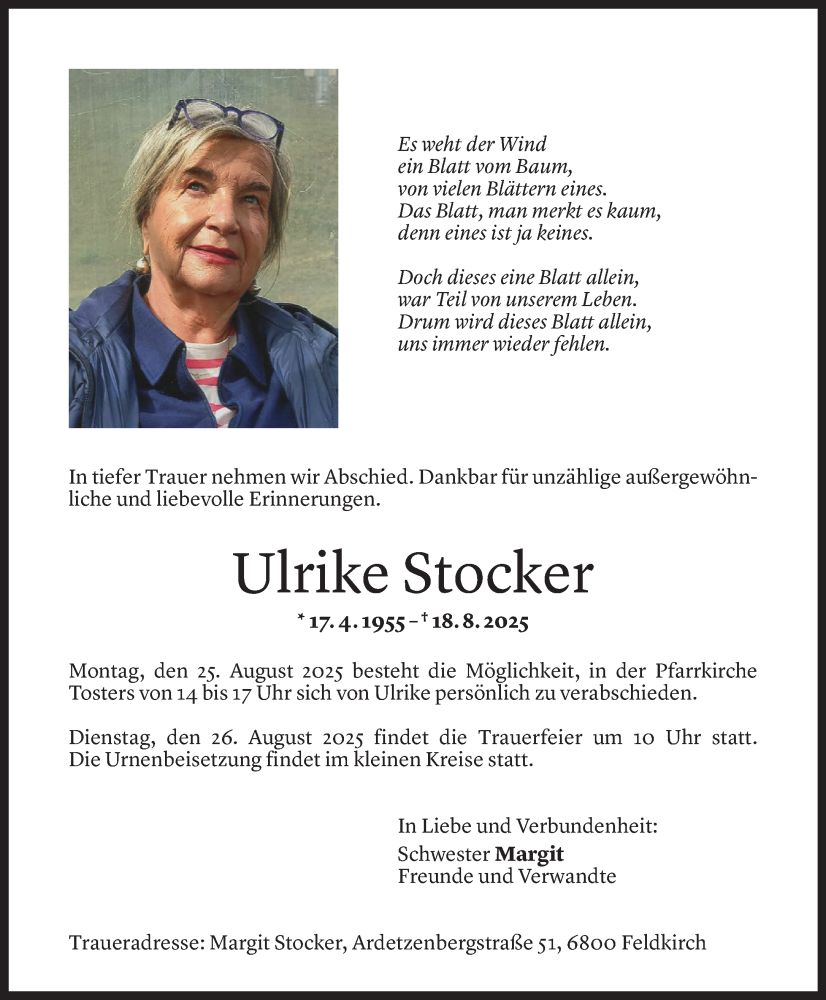  Todesanzeige für Ulrike Stocker vom 22.08.2025 aus Vorarlberger Nachrichten