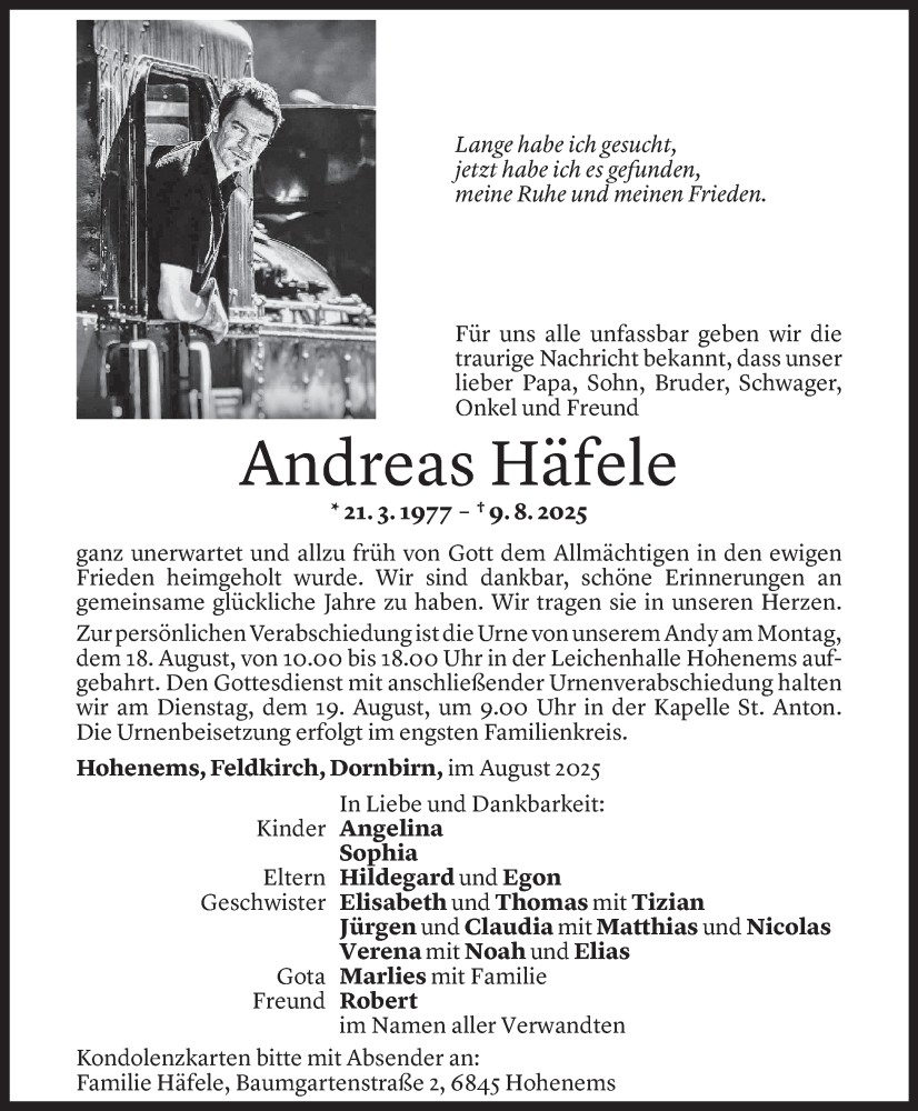  Todesanzeige für Andreas Häfele vom 14.08.2025 aus Vorarlberger Nachrichten