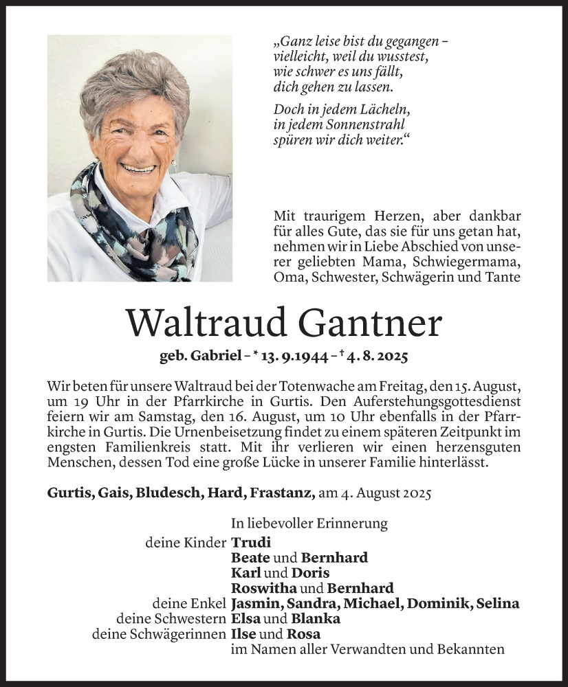  Todesanzeige für Waltraud Gantner vom 07.08.2025 aus Vorarlberger Nachrichten