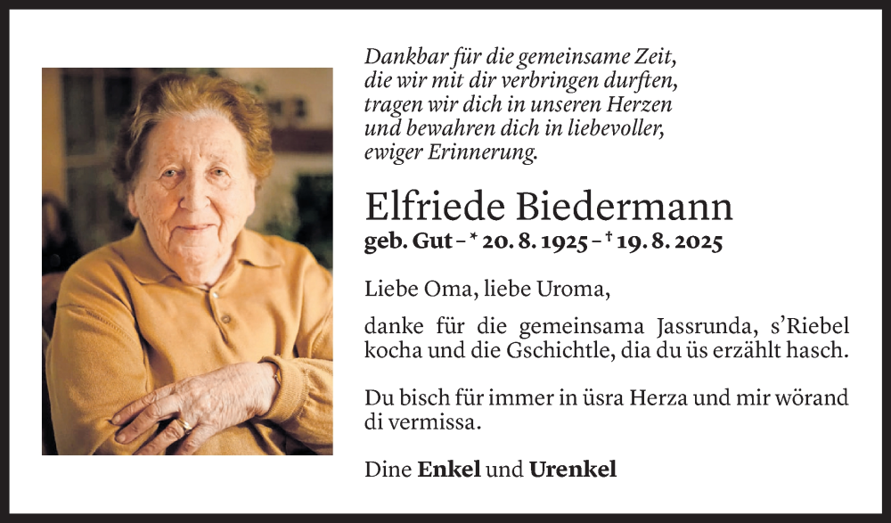  Todesanzeige für Elfriede Biedermann vom 21.08.2025 aus Vorarlberger Nachrichten